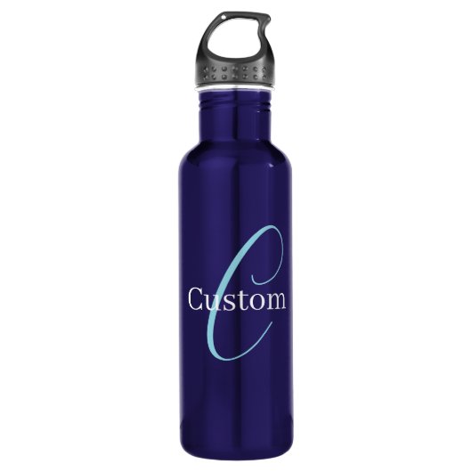 Bewerkbaar Cursief Script Monogram Purplish Blue Waterfles (Voorkant)