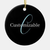 Bewerkbaar Cursief Script Monogram Zwart Blauw Wit Keramisch Ornament (Voorkant)