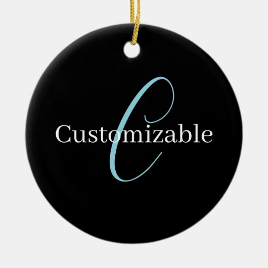 Bewerkbaar Cursief Script Monogram Zwart Blauw Wit Keramisch Ornament (Voorkant)