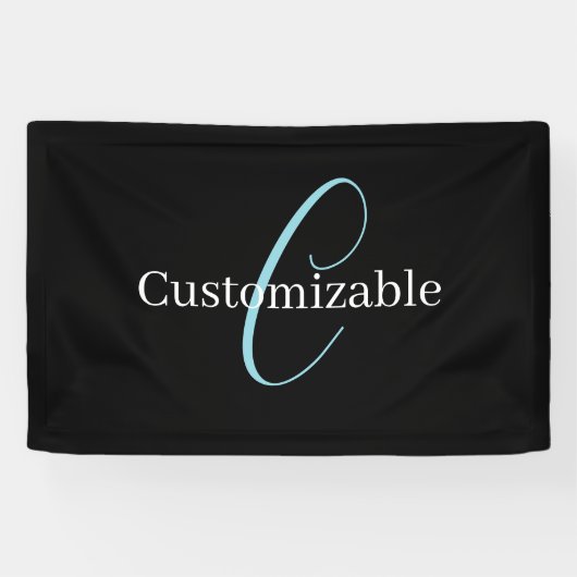 Bewerkbaar Cursief Script Monogram Zwart Blauw Wit Spandoek (Horizontaal)