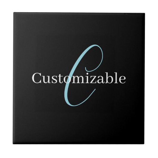 Bewerkbaar Cursief Script Monogram Zwart Blauw Wit Tegeltje (Voorkant)