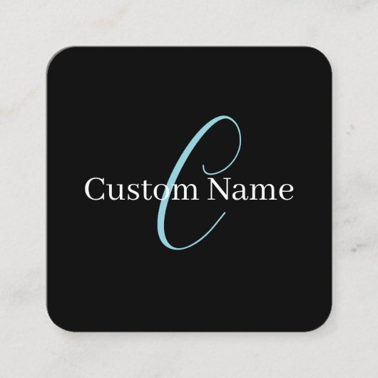 Bewerkbaar Cursief Script Monogram Zwart Blauw Wit Vierkante Visitekaartje (Voorkant)