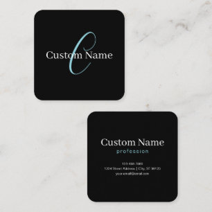 Bewerkbaar Cursief Script Monogram Zwart Blauw Wit Vierkante Visitekaartje
