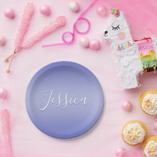 Bewerkbaar cursief script | Wit & Paarse Violet Papieren Bordje (Feest)