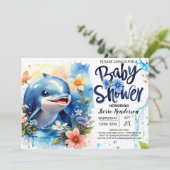 Bewerkbaar Dolphin Boy Baby shower Kaart (Staand voorkant)