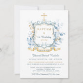 Bewerkbaar doop blauw en goud monogram kaart (Voorkant)