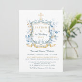 Bewerkbaar doop blauw en goud monogram kaart (Staand voorkant)