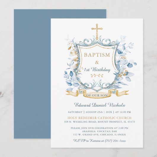 Bewerkbaar doop blauw en goud monogram kaart (Voorkant / Achterkant)