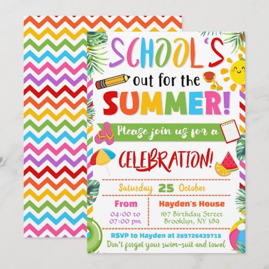 Bewerkbaar Einde-Schoolfeest School Is Uit Feest Kaart (Voorkant / Achterkant)