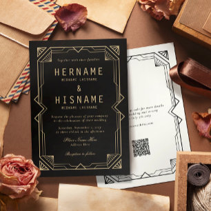 Bewerkbaar Elegant Zwart Art Deco QR RSVP Trouwfee Kaart