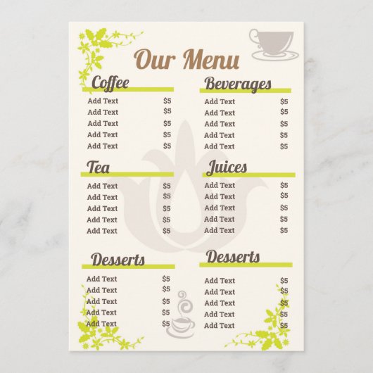 Bewerkbaar en volledig menu Koffie (Voorkant)