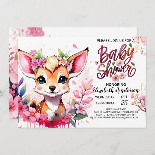 Bewerkbaar Fawn-Baby shower Kaart (Voorkant / Achterkant)