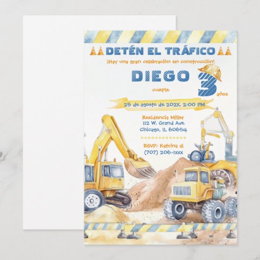 Bewerkbaar Fiesta de Construcción 3 Años Kaart (Voorkant / Achterkant)