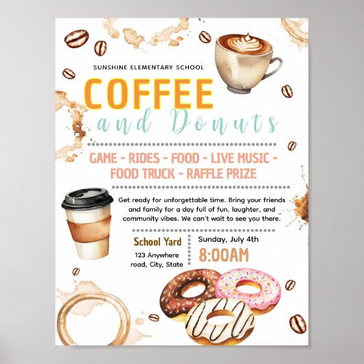 Bewerkbaar flyer voor fondsenwerving donuts en kof poster (Voorkant)