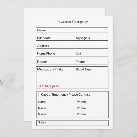 Bewerkbaar formulier in hoesje van noodcontact inf feestdagenkaart (Voorkant / Achterkant)