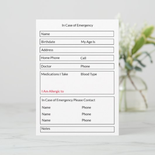 Bewerkbaar formulier in hoesje van noodcontact inf feestdagenkaart (Staand voorkant)