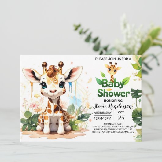 Bewerkbaar Giraffe-Baby shower Kaart (Staand voorkant)