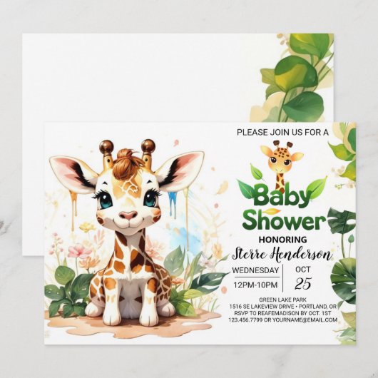 Bewerkbaar Giraffe-Baby shower Kaart (Voorkant / Achterkant)
