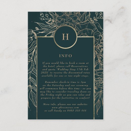 Bewerkbaar Gold & Emerald Green Wreath Monogram Informatiekaartje (Voorkant)