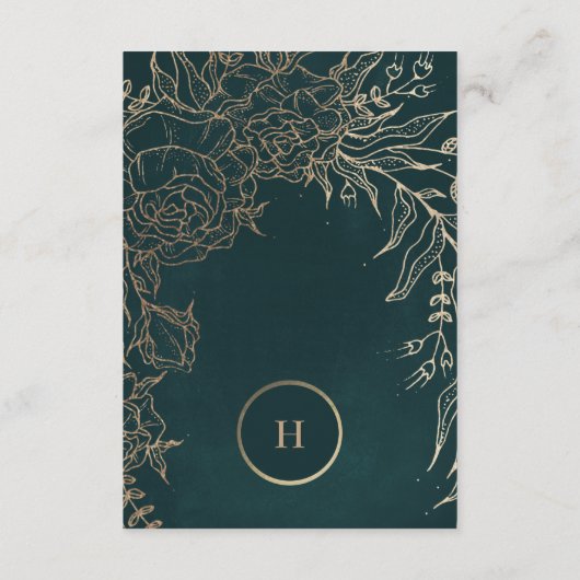 Bewerkbaar Gold & Emerald Green Wreath Monogram Informatiekaartje (Achterkant)