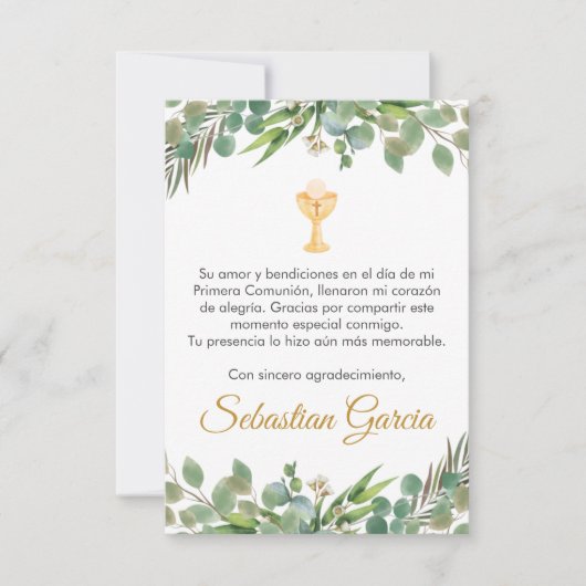 Bewerkbaar Groen Eerste Communie in Spaans Schatti Bedankkaart (Voorkant)