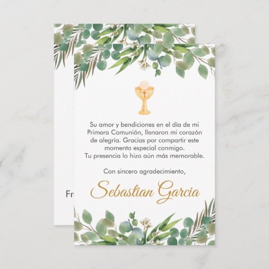 Bewerkbaar Groen Eerste Communie in Spaans Schatti Bedankkaart (Voorkant / Achterkant)