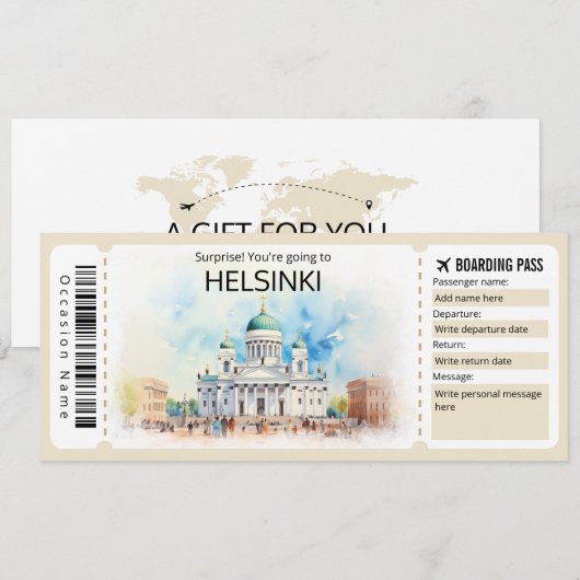 Bewerkbaar Helsinki Vliegticket, Finland Trip Kaart (Voorkant / Achterkant)