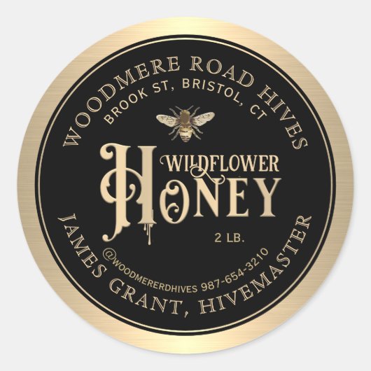 Bewerkbaar Honing Custom Label met Bee Black Gold. (Voorkant)