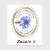 Bewerkbaar honingproduct blauwe bloem bij gouden r sticker (Vel)