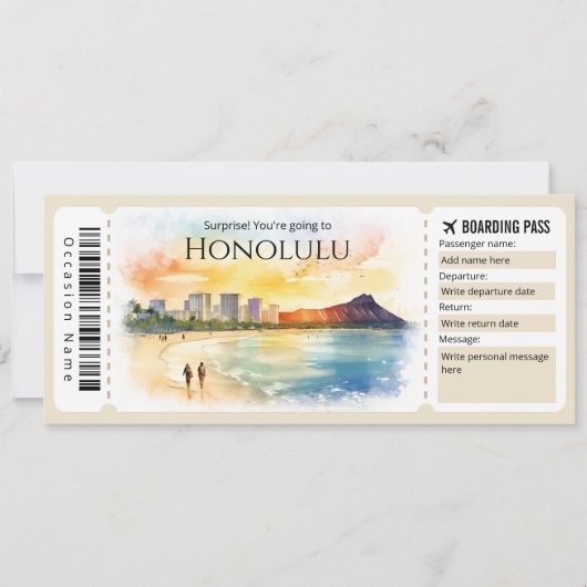 Bewerkbaar Honolulu Boarding Pass Vliegticket Kaart (Voorkant)