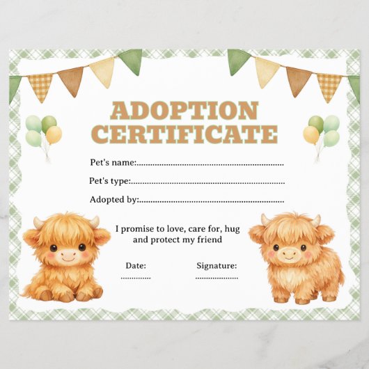Bewerkbaar hooglandrund adoptiecertificaat flyer (Voorkant)