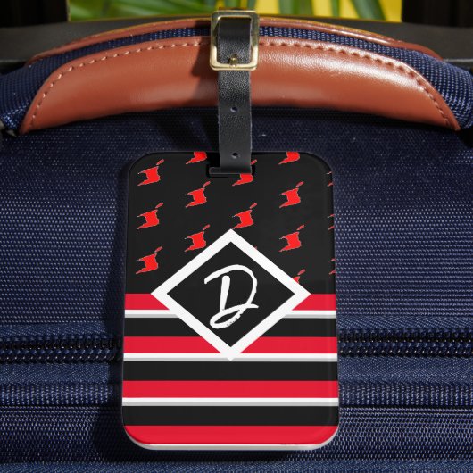 Bewerkbaar - Initiaal Rode Witte Zwarte Monogram Bagagelabel (Voorkant Insitu 2)
