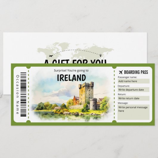 Bewerkbaar Ireland Plane Boarding Pass Ticket Kaart (Voorkant / Achterkant)