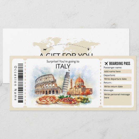 Bewerkbaar Italië Vliegticket, Italië Trip Kaart (Voorkant / Achterkant)