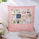 Bewerkbaar Kleur Monogram Wij Zijn Foto Collage Kussen<br><div class="desc">Monogramme kussen met de woorden "dit zijn wij" in een stijlvol script met 8 vierkante foto's in een rasterlay-out met een witte rand eromheen aan de voor- en achterkant, waardoor er in totaal 16 foto's zijn die je kunt vervangen door je eigen foto's, allemaal tegen een bewerkbare achtergrondkleur (klik op...</div>