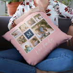 Bewerkbaar kleurenmonogram Foto's van onze familie Kussen<br><div class="desc">Monogram kussen met de woorden "Onze Familie" in een stijlvol script met 8 vierkante foto's gerangschikt in een raster lay-out met een witte rand om hen aan de voor- en achterkant waardoor het 16 foto's in totaal die u kunt vervangen door uw eigen foto's allemaal tegen een bewerkbare achtergrond kleur...</div>
