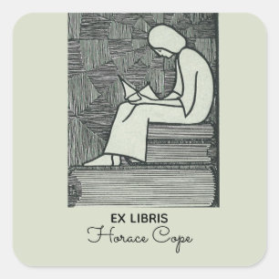 Bewerkbaar lezen op een stapel boeken Bookplate Vierkante Sticker