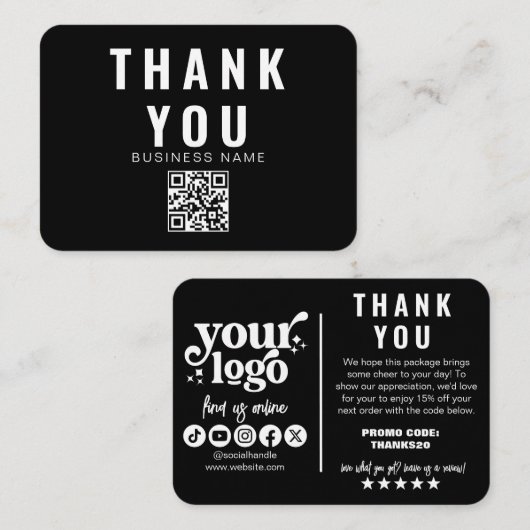 Bewerkbaar Logo Retro Zwart Wit Bedank Verpakking Informatiekaartje (Voorkant / Achterkant)