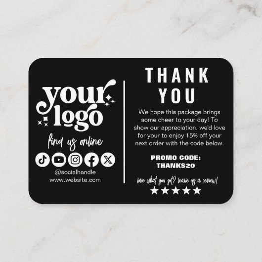 Bewerkbaar Logo Retro Zwart Wit Bedank Verpakking Informatiekaartje (Achterkant)