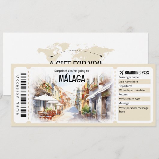 Bewerkbaar Malaga Boarding Pass Vliegticket Kaart (Voorkant / Achterkant)