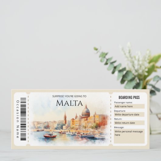 Bewerkbaar Malta Plane Boarding Pass Ticket Kaart (Staand voorkant)