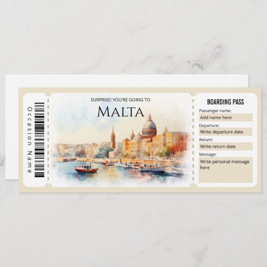 Bewerkbaar Malta Plane Boarding Pass Ticket Kaart (Voorkant / Achterkant)