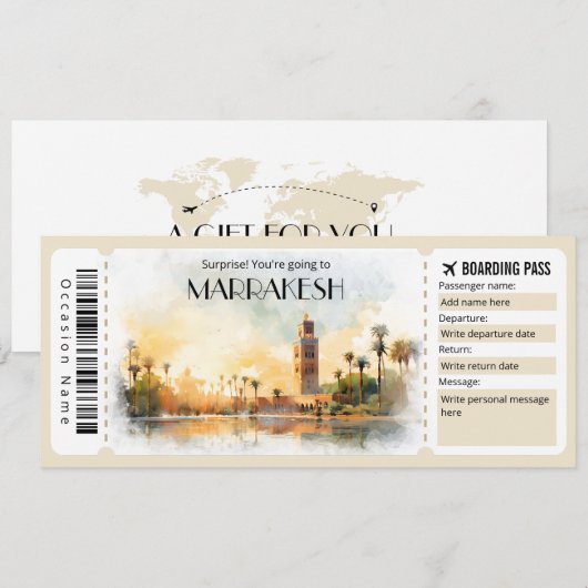Bewerkbaar Marrakesh Boarding Pass Vliegticket Kaart (Voorkant / Achterkant)
