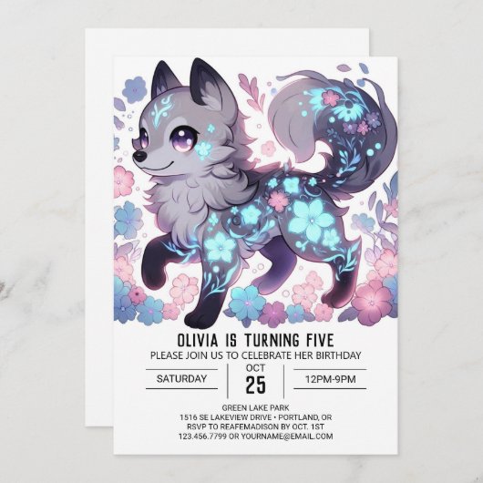 Bewerkbaar Meisje Wolf Digitale Verjaardag Kaart (Voorkant / Achterkant)