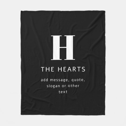 Bewerkbaar Modern Monogram Naam & Bericht | Zwart Fleece Deken (Voorkant)