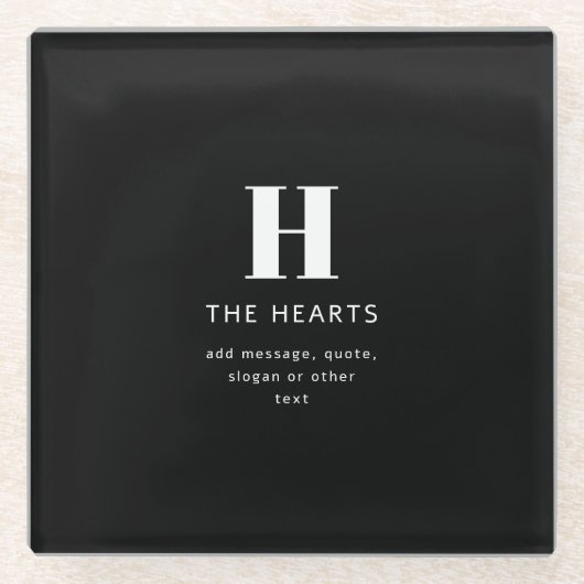Bewerkbaar modern monogram naam & bericht | Zwart Glazen Onderzetter (Voorkant)