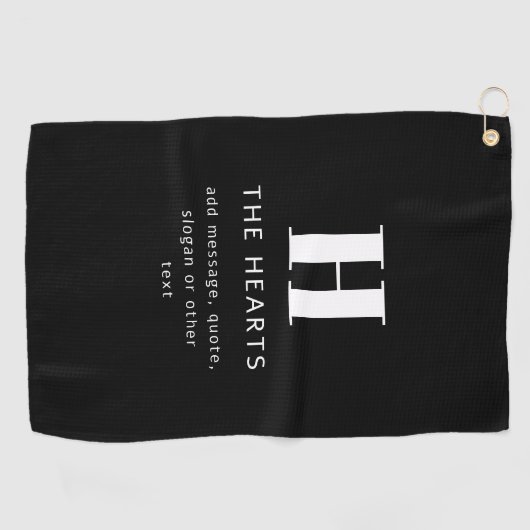 Bewerkbaar Modern Monogram Naam & Bericht | Zwart Golfhanddoek (Horizontaal)