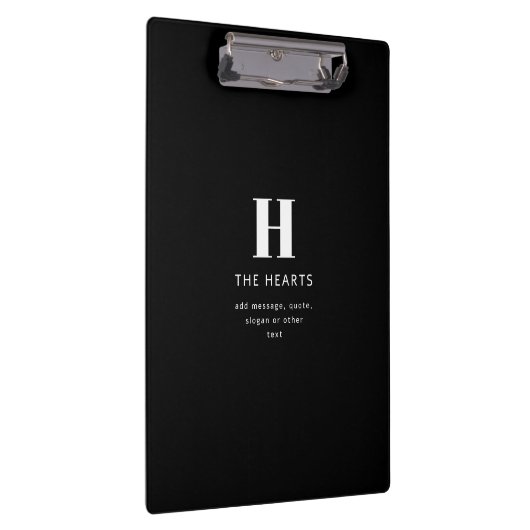 Bewerkbaar Modern Monogram Naam & Bericht | Zwart Klembord (Rechts)