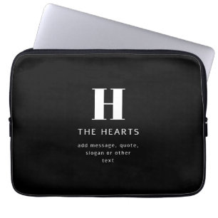 Bewerkbaar Modern Monogram Naam & Bericht   Zwart Laptop Sleeve