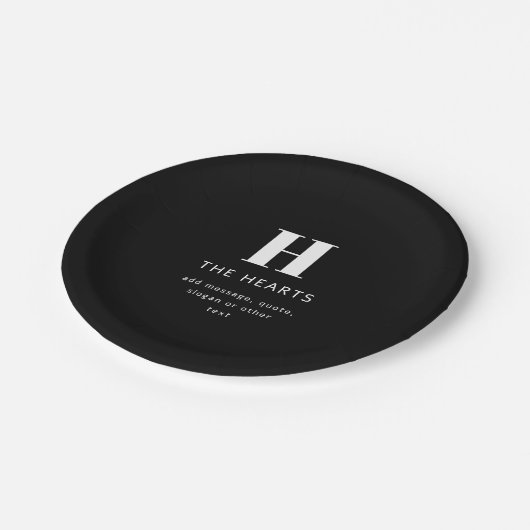 Bewerkbaar Modern Monogram Naam & Bericht | Zwart Papieren Bordje (Gekanteld)